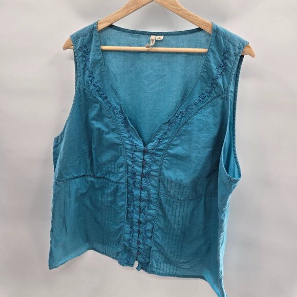 St John's Bay Blue Teal Sleeveless Embroidered Cotton Buttoned Down Blouse 3x - Picture 1 of 15